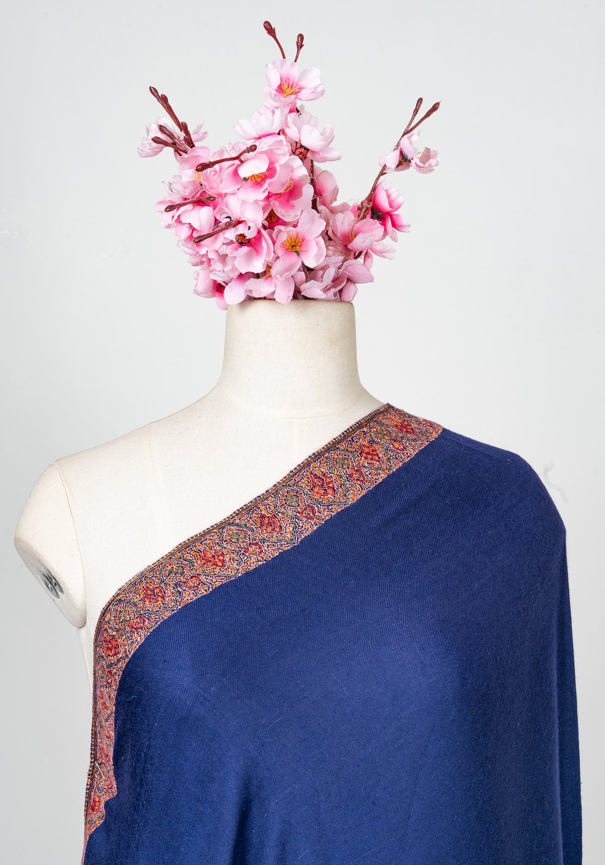 2.5 Yards: Sozni Hand Embroidered Pashmina: Royal Blue Heritage Border