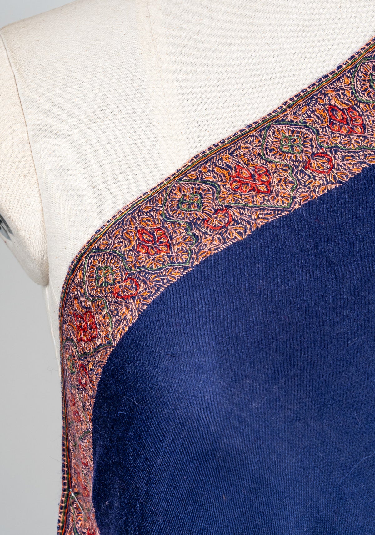2.5 Yards: Sozni Hand Embroidered Pashmina: Royal Blue Heritage Border