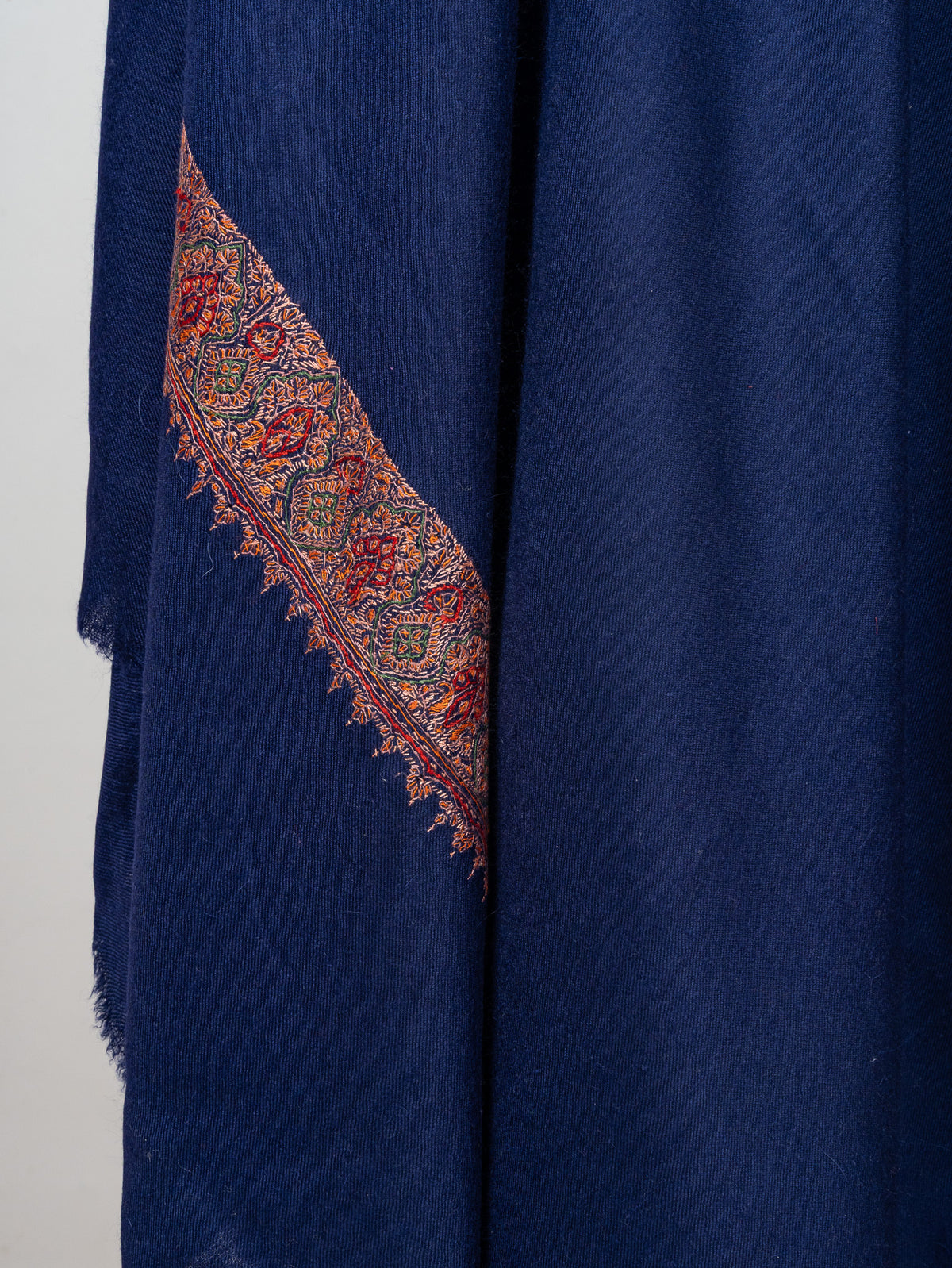 2.5 Yards: Sozni Hand Embroidered Pashmina: Royal Blue Heritage Border