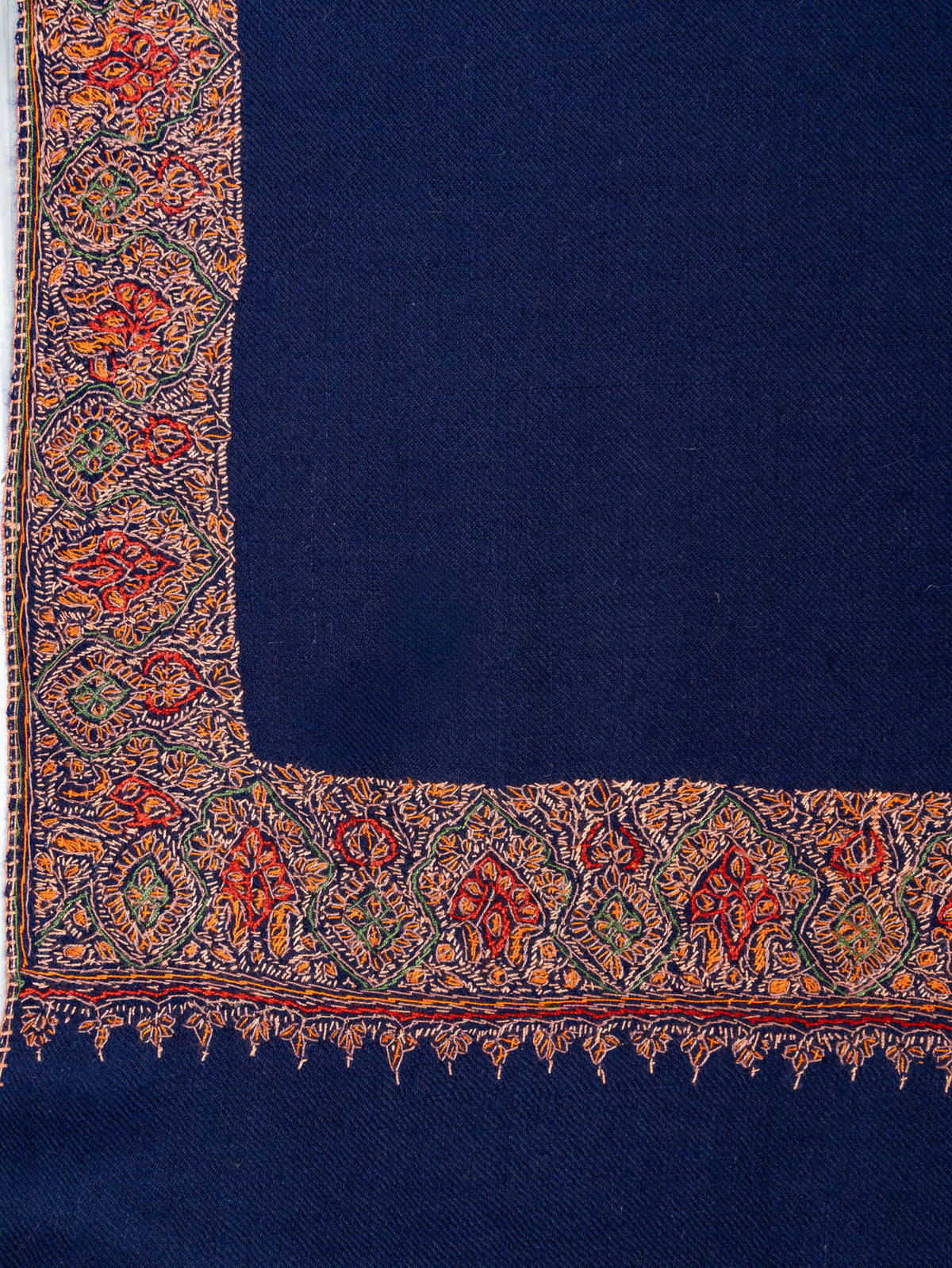 2.5 Yards: Sozni Hand Embroidered Pashmina: Royal Blue Heritage Border