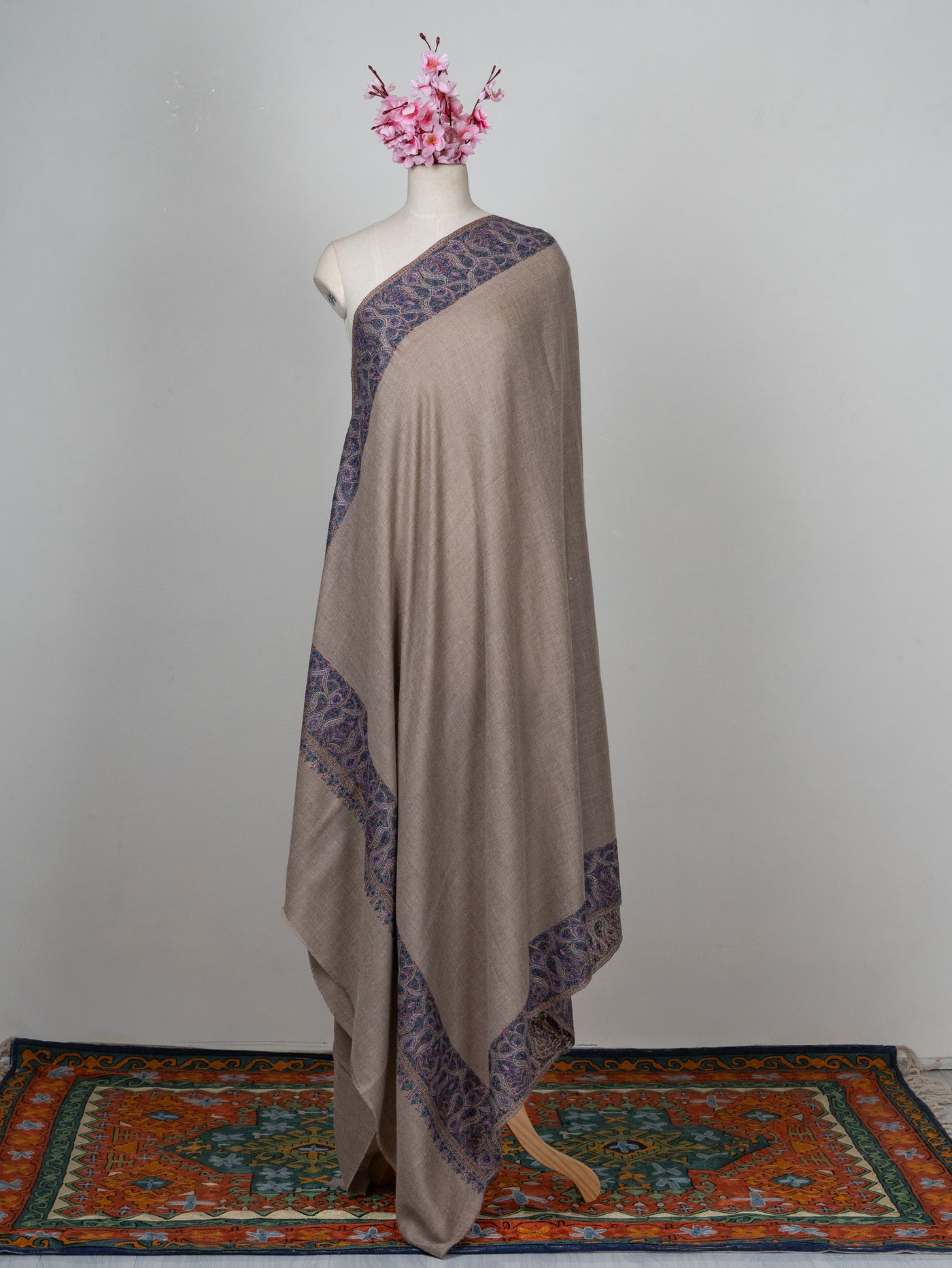 2.5 Yards: Sozni Hand Embroidered Pashmina: Taupe Classic Paisley Grace