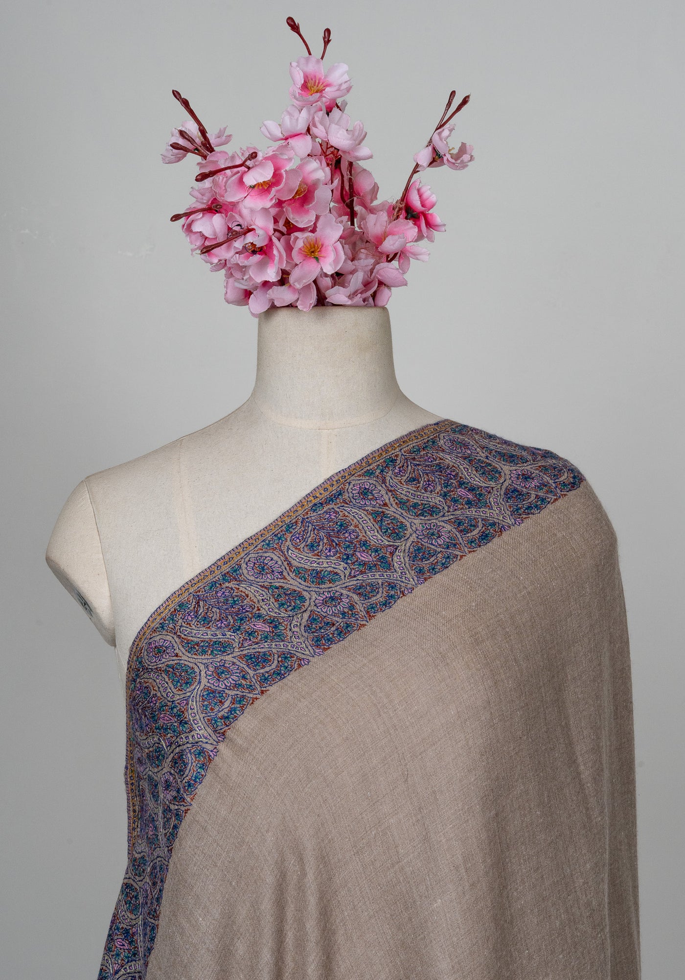 2.5 Yards: Sozni Hand Embroidered Pashmina: Taupe Classic Paisley Grace