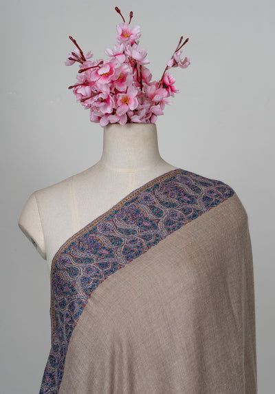 2.5 Yards: Sozni Hand Embroidered Pashmina: Taupe Classic Paisley Grace