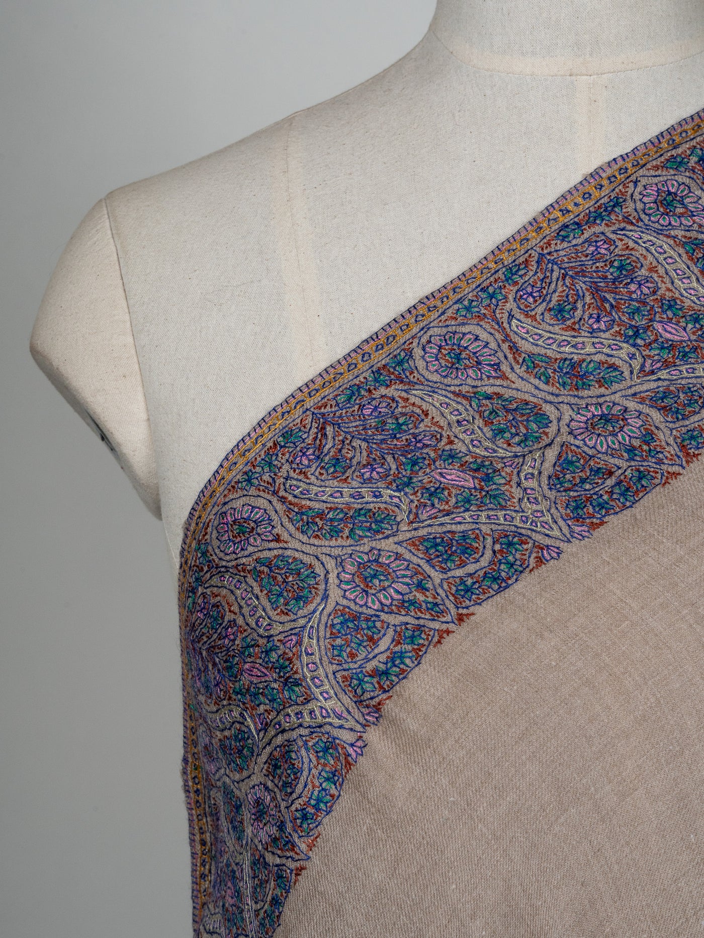 2.5 Yards: Sozni Hand Embroidered Pashmina: Taupe Classic Paisley Grace