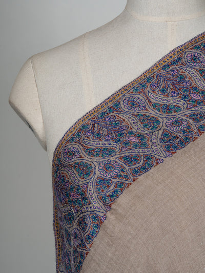 2.5 Yards: Sozni Hand Embroidered Pashmina: Taupe Classic Paisley Grace