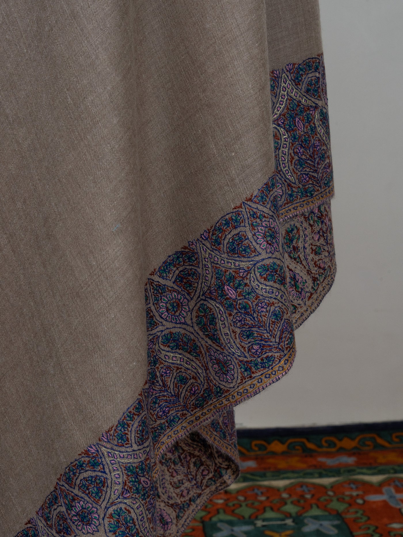 2.5 Yards: Sozni Hand Embroidered Pashmina: Taupe Classic Paisley Grace