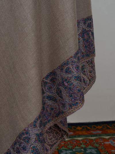 2.5 Yards: Sozni Hand Embroidered Pashmina: Taupe Classic Paisley Grace