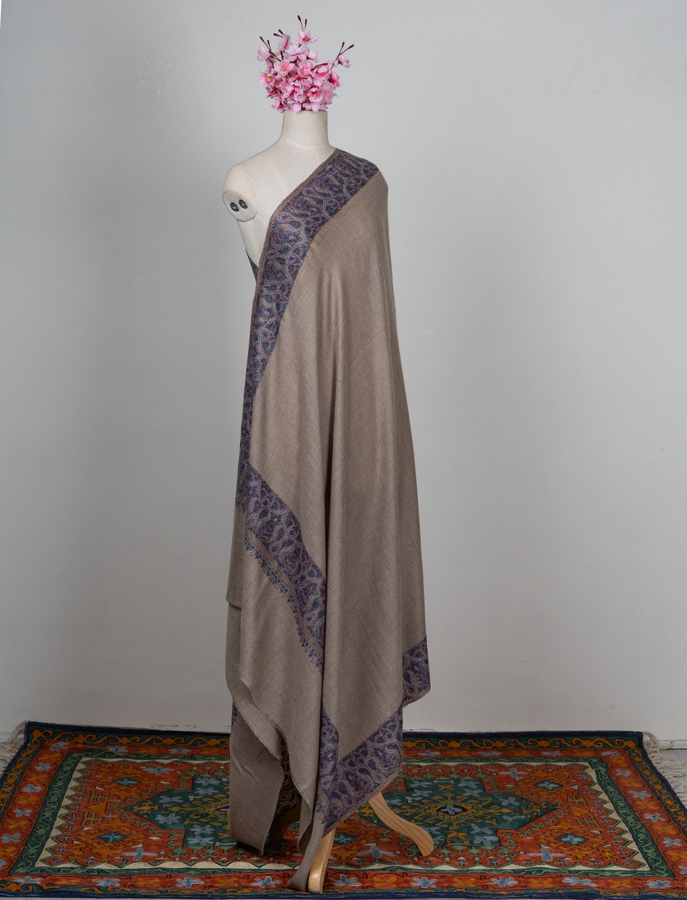 2.5 Yards: Sozni Hand Embroidered Pashmina: Taupe Classic Paisley Grace