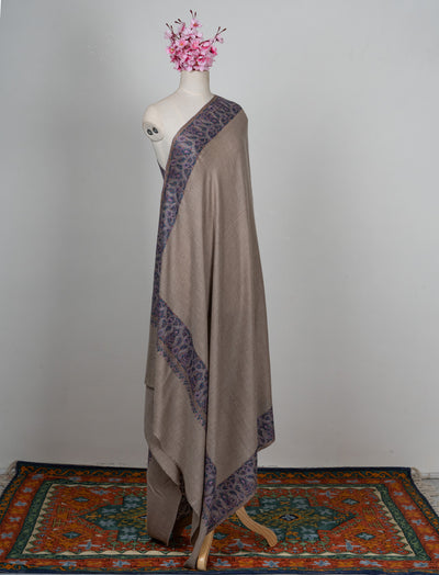 2.5 Yards: Sozni Hand Embroidered Pashmina: Taupe Classic Paisley Grace