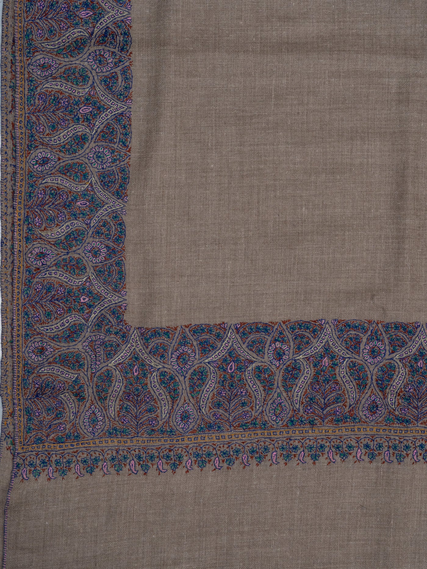 2.5 Yards: Sozni Hand Embroidered Pashmina: Taupe Classic Paisley Grace
