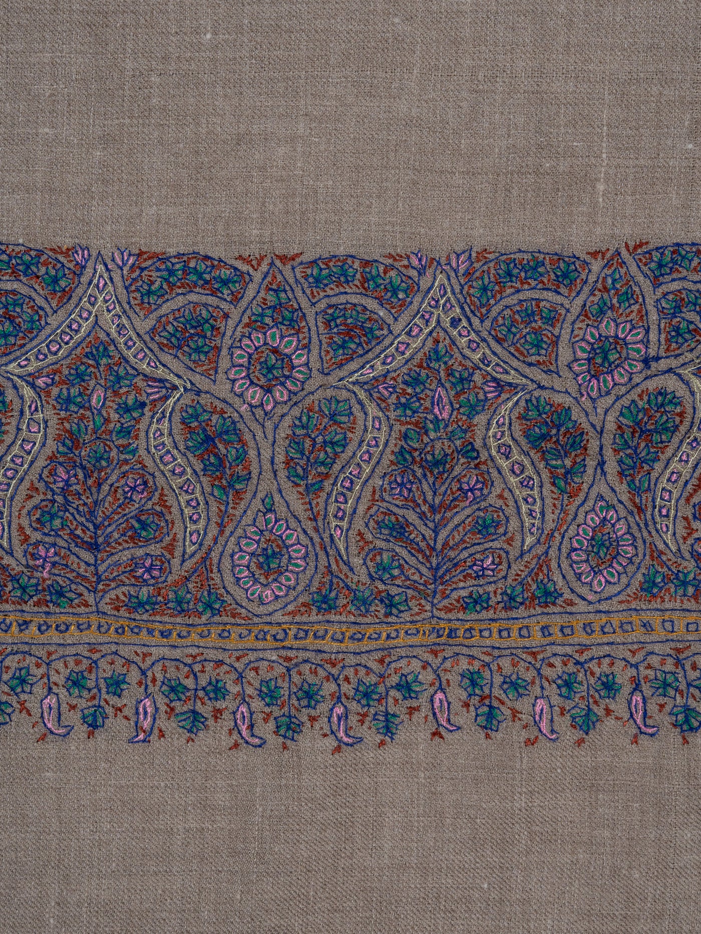 2.5 Yards: Sozni Hand Embroidered Pashmina: Taupe Classic Paisley Grace