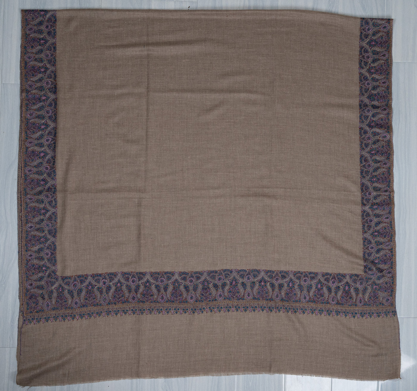 2.5 Yards: Sozni Hand Embroidered Pashmina: Taupe Classic Paisley Grace