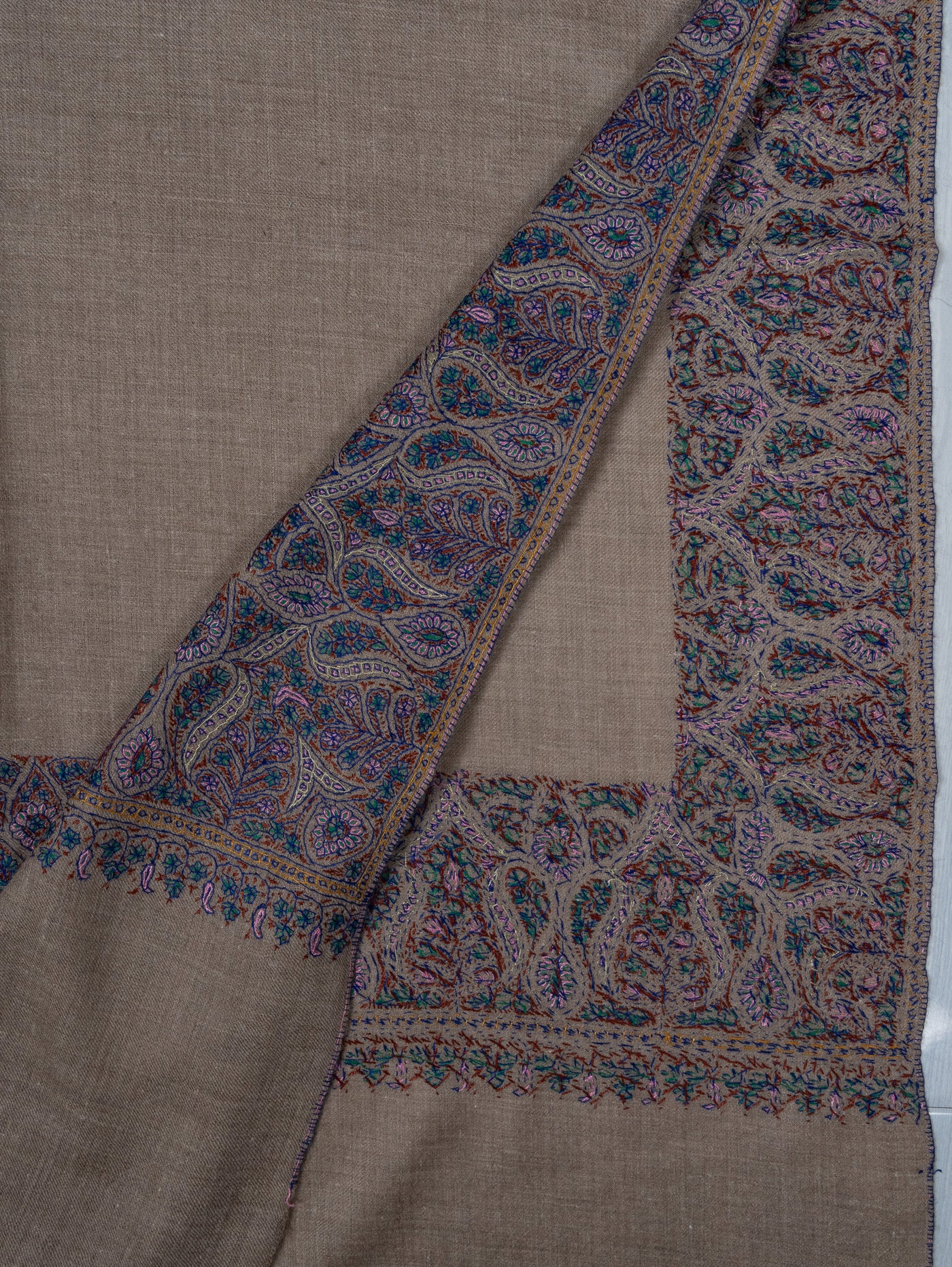 2.5 Yards: Sozni Hand Embroidered Pashmina: Taupe Classic Paisley Grace