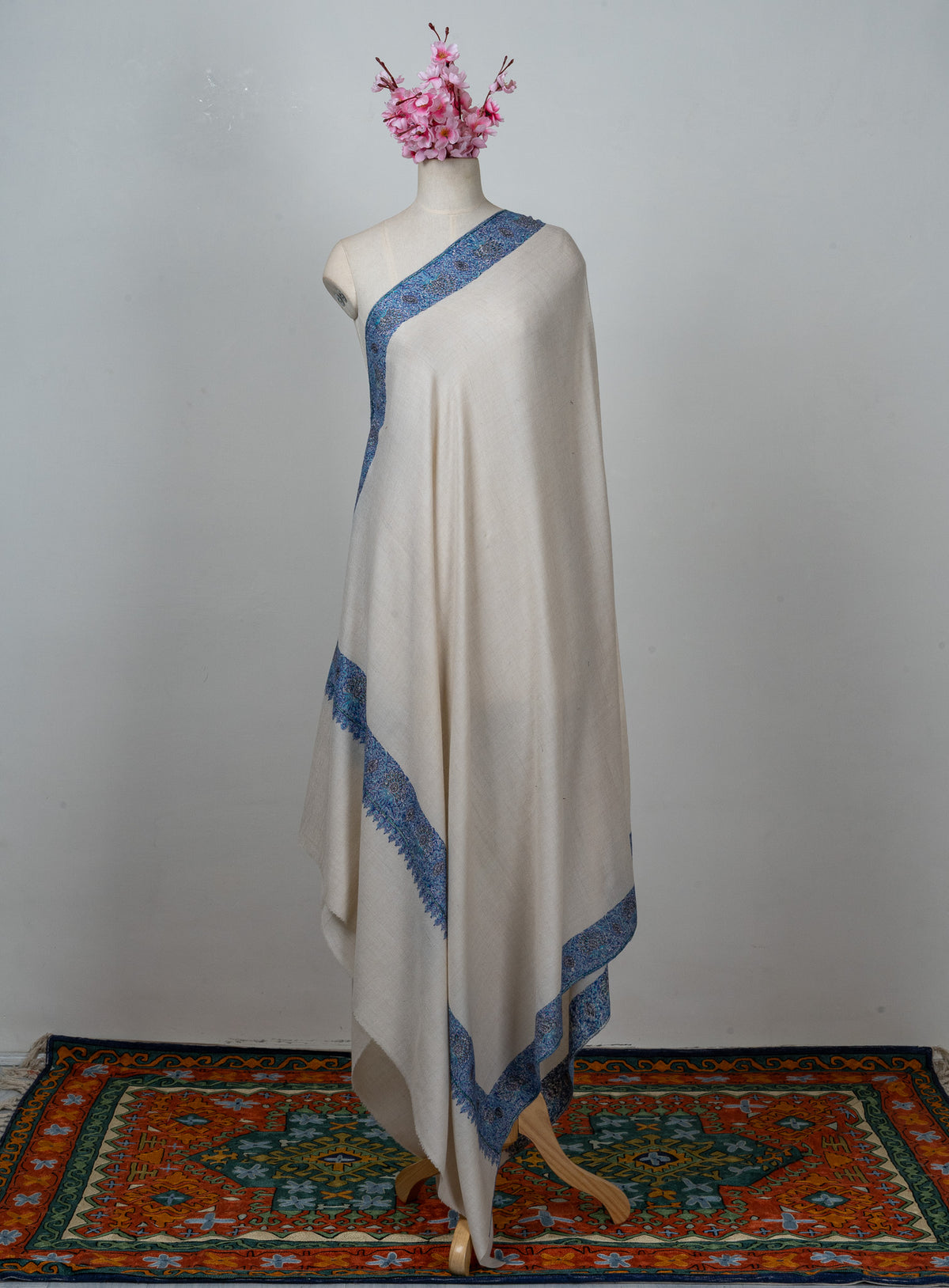 2.5 Yards: Sozni Hand Embroidered Pashmina: Ivory Blue Heritage Border