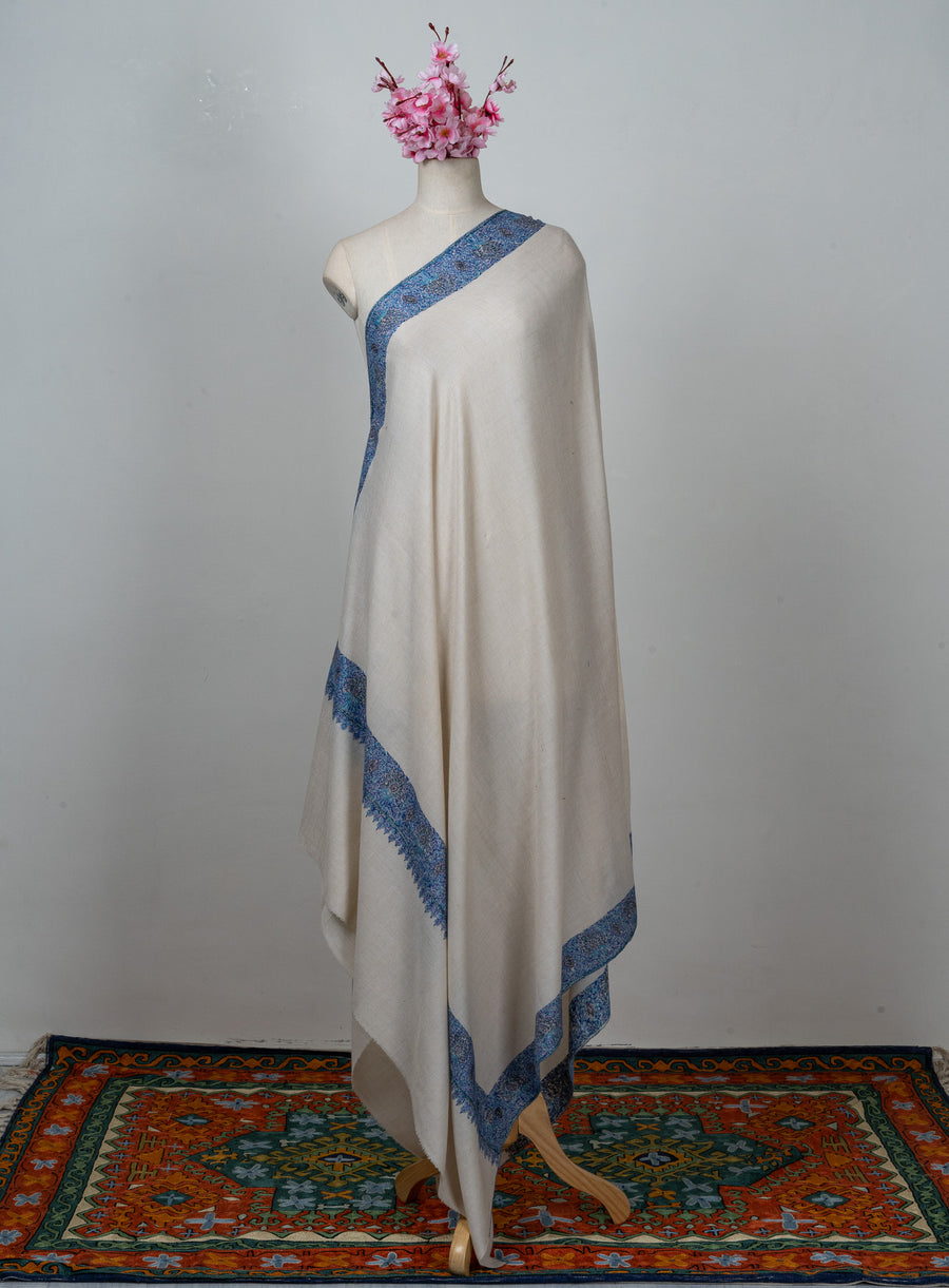 2.5 Yards: Sozni Hand Embroidered Pashmina: Ivory Blue Heritage Border