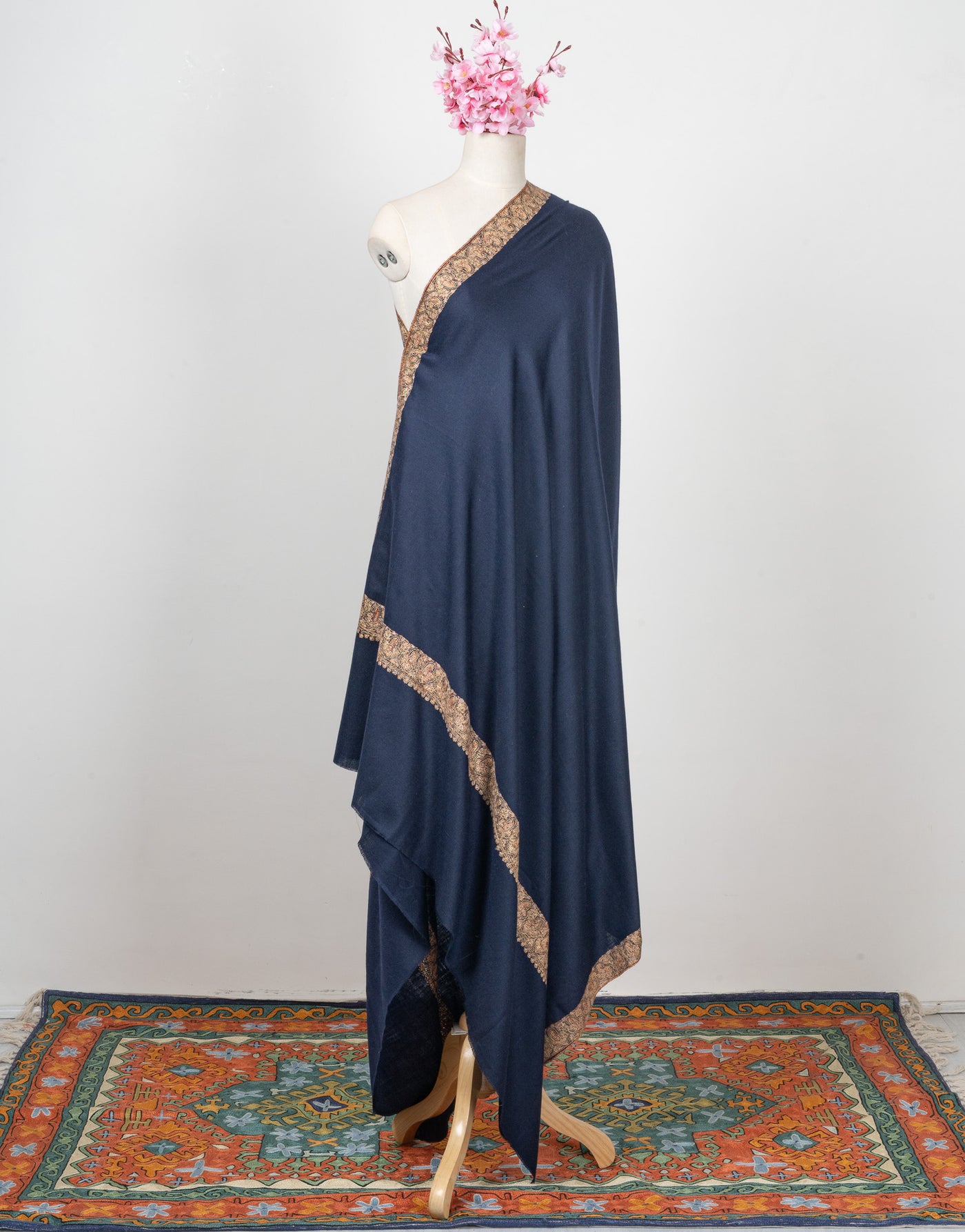 2.5 Yards: Sozni Hand Embroidered Pashmina: Classic Navy Flow Border