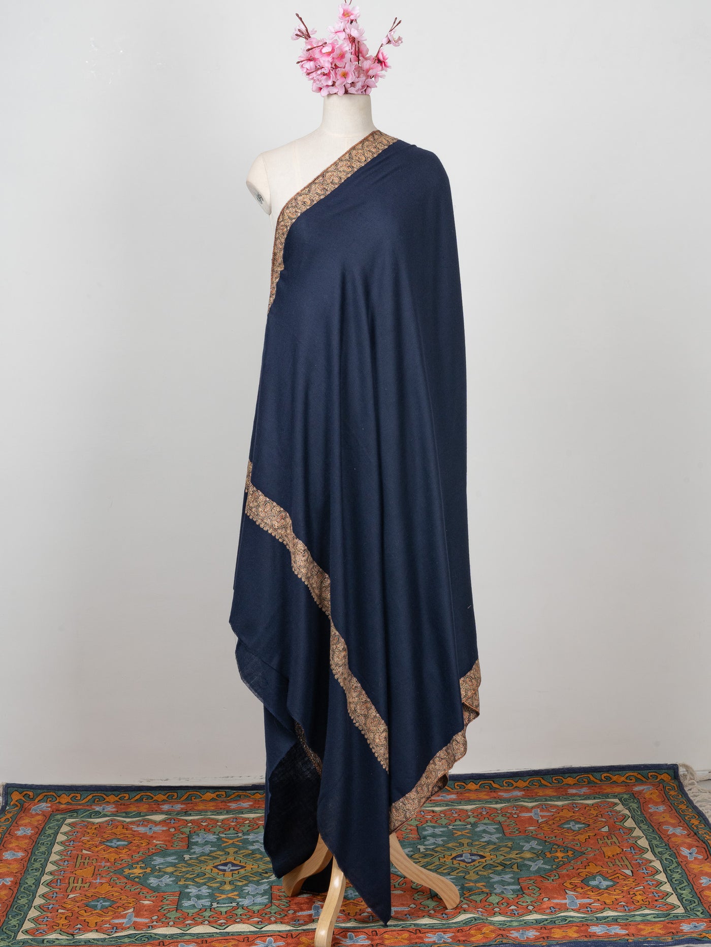 2.5 Yards: Sozni Hand Embroidered Pashmina: Classic Navy Flow Border