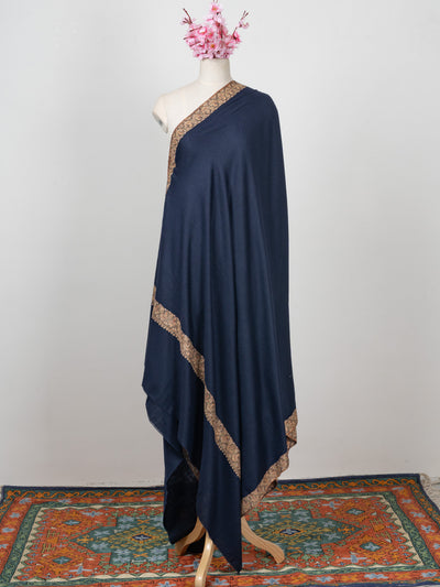 2.5 Yards: Sozni Hand Embroidered Pashmina: Classic Navy Flow Border