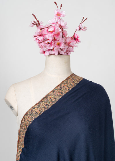 2.5 Yards: Sozni Hand Embroidered Pashmina: Classic Navy Flow Border