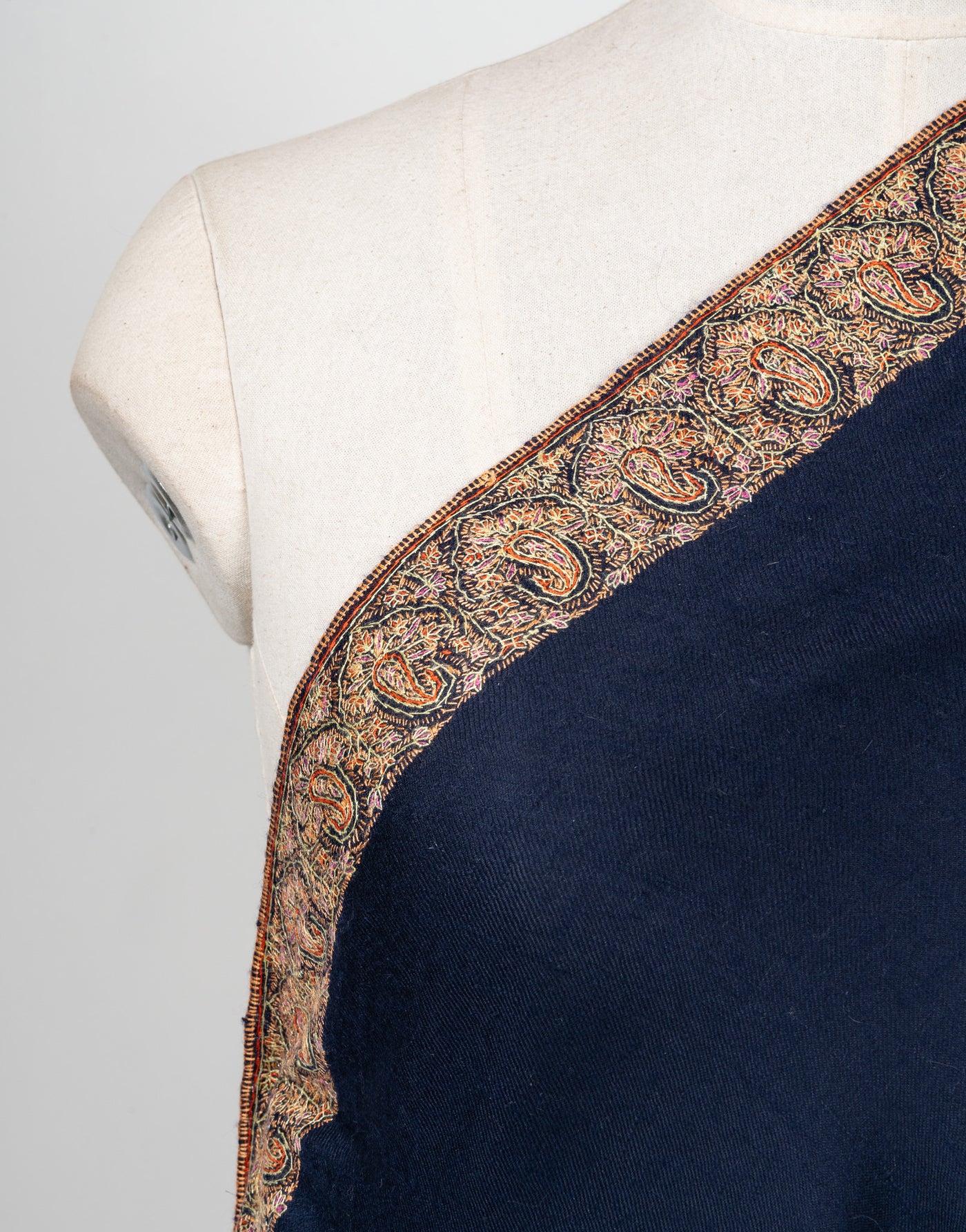 2.5 Yards: Sozni Hand Embroidered Pashmina: Classic Navy Flow Border