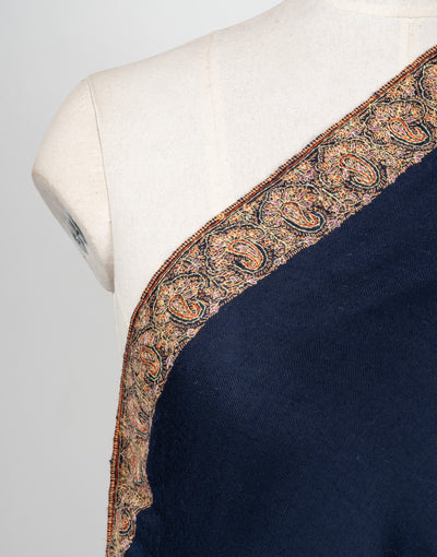 2.5 Yards: Sozni Hand Embroidered Pashmina: Classic Navy Flow Border