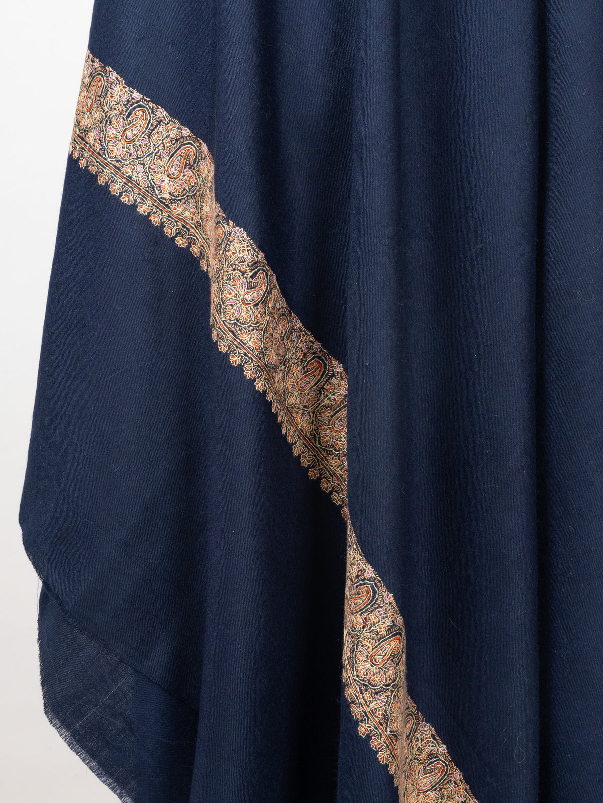 2.5 Yards: Sozni Hand Embroidered Pashmina: Classic Navy Flow Border