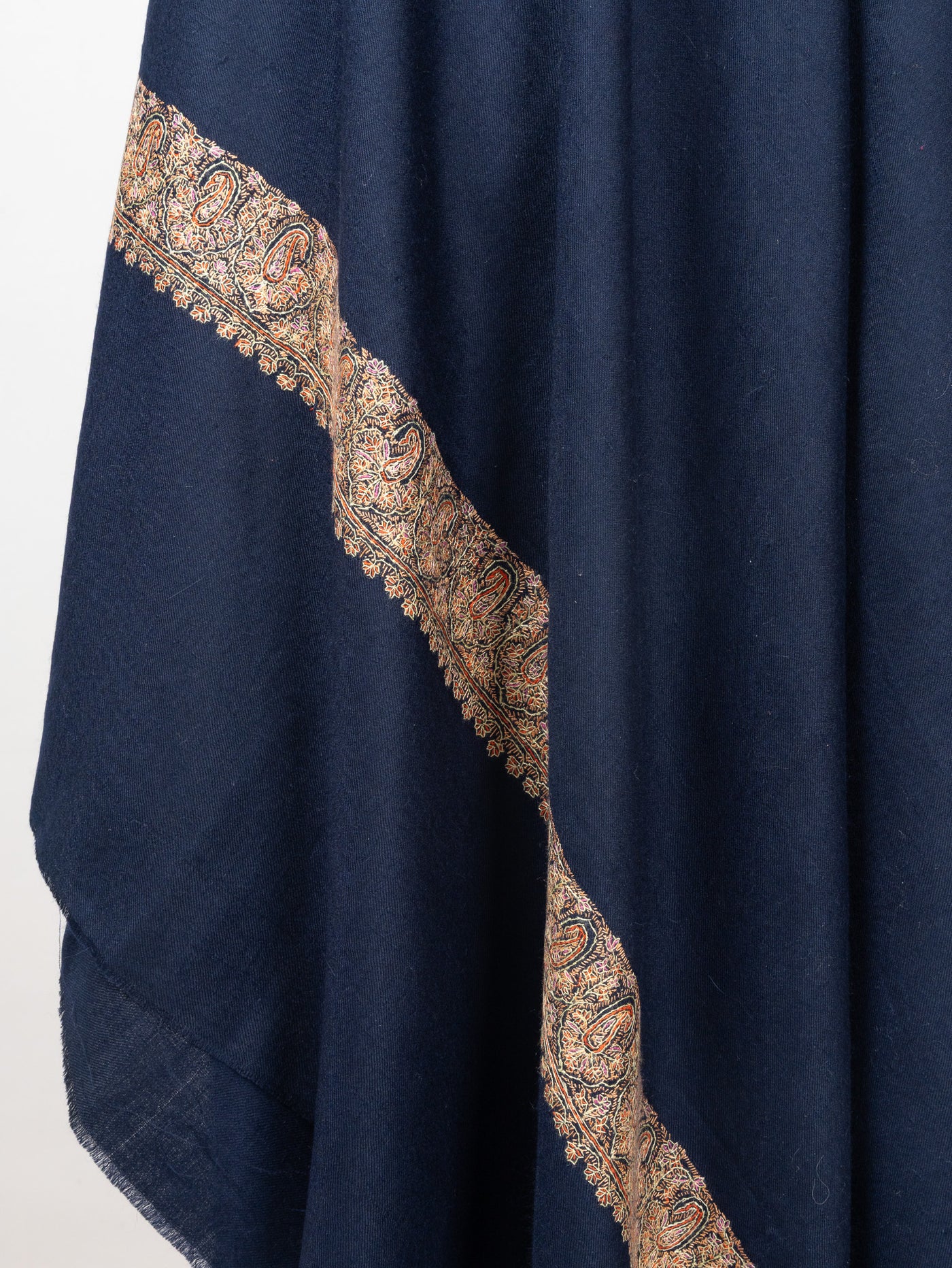 2.5 Yards: Sozni Hand Embroidered Pashmina: Classic Navy Flow Border