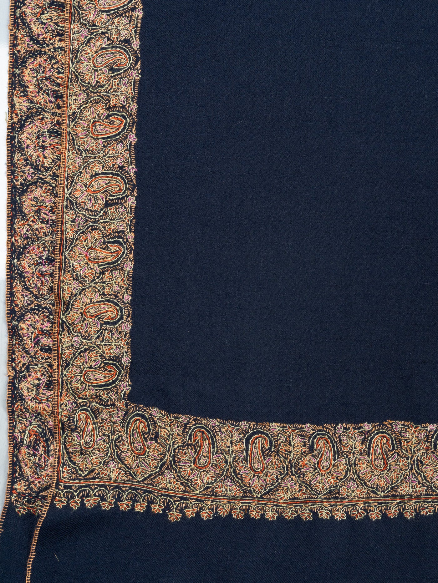 2.5 Yards: Sozni Hand Embroidered Pashmina: Classic Navy Flow Border