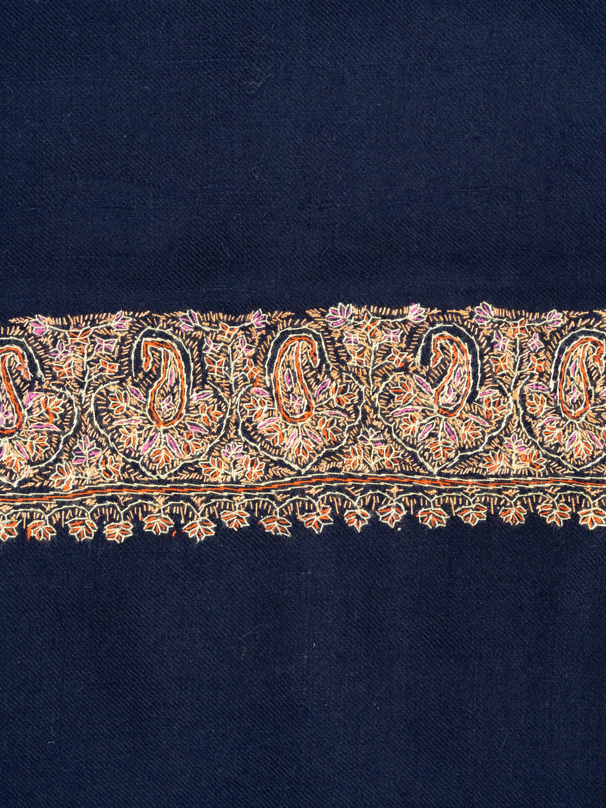 2.5 Yards: Sozni Hand Embroidered Pashmina: Classic Navy Flow Border