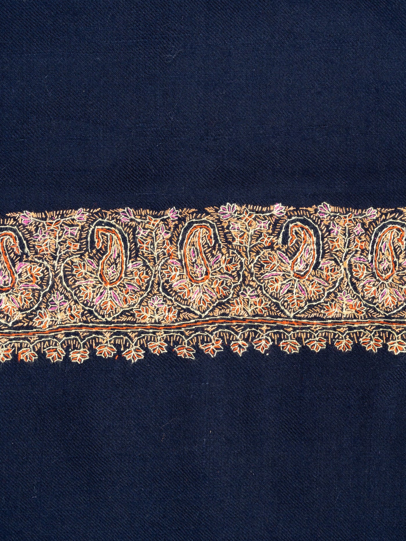 2.5 Yards: Sozni Hand Embroidered Pashmina: Classic Navy Flow Border