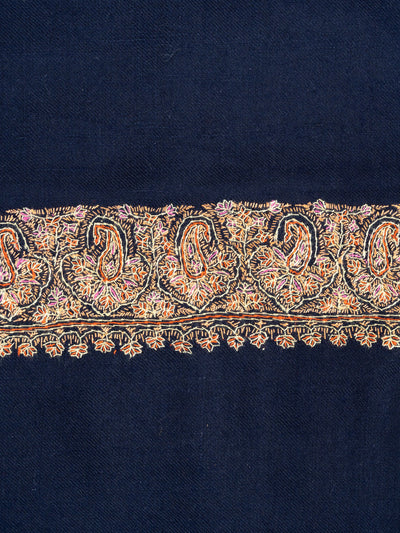 2.5 Yards: Sozni Hand Embroidered Pashmina: Classic Navy Flow Border