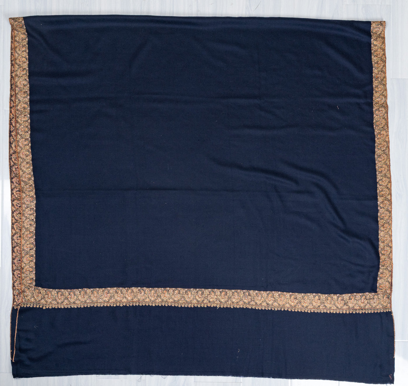 2.5 Yards: Sozni Hand Embroidered Pashmina: Classic Navy Flow Border