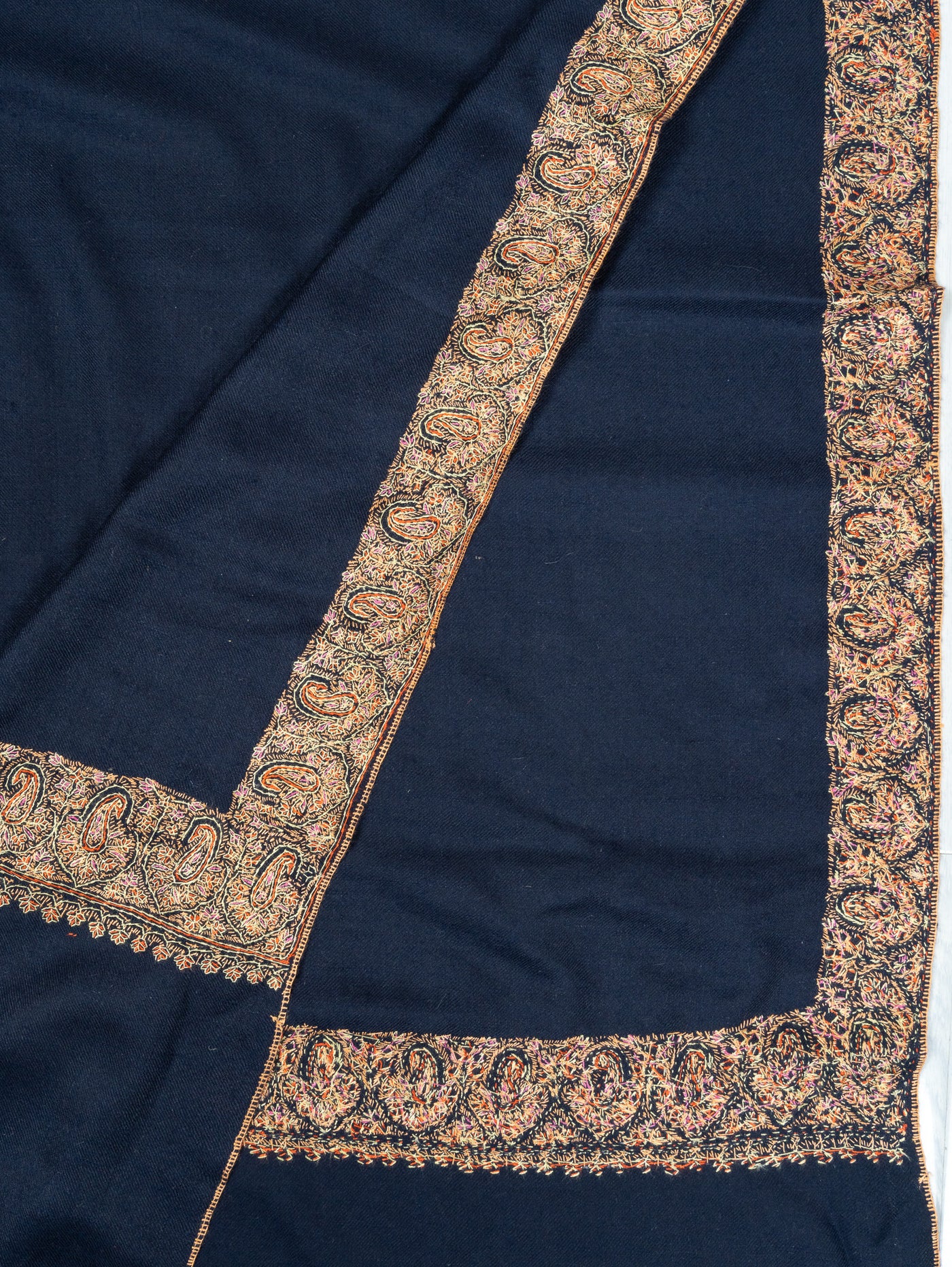 2.5 Yards: Sozni Hand Embroidered Pashmina: Classic Navy Flow Border