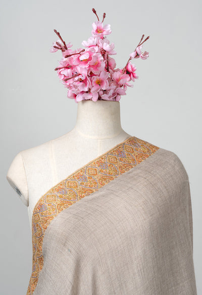 2.5 Yards: Sozni Hand Embroidered Pashmina: Multitone Geometric Border Detail