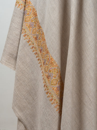 2.5 Yards: Sozni Hand Embroidered Pashmina: Multitone Geometric Border Detail
