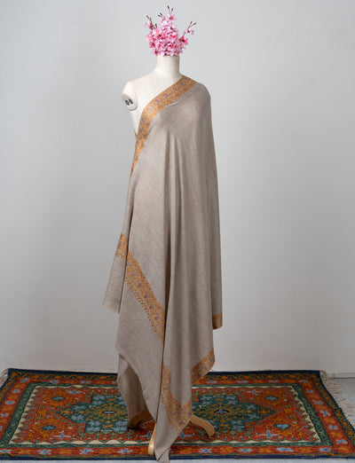 2.5 Yards: Sozni Hand Embroidered Pashmina: Multitone Geometric Border Detail