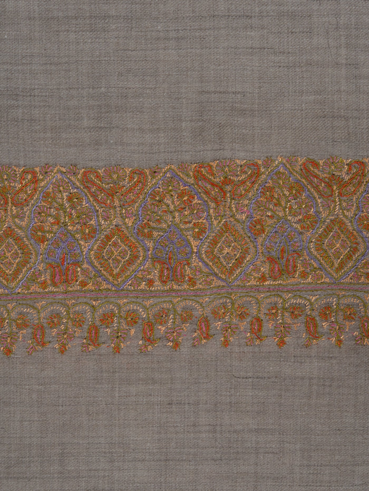 2.5 Yards: Sozni Hand Embroidered Pashmina: Multitone Geometric Border Detail