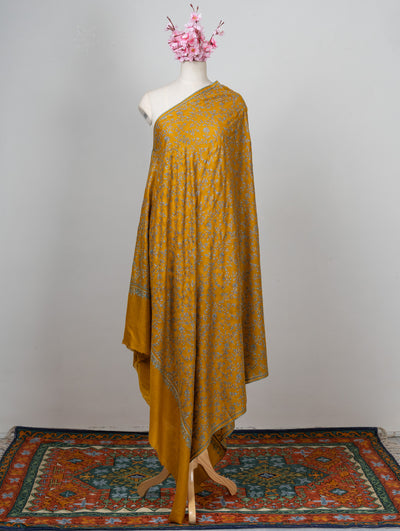 2.5 Yards: Sozni Hand Embroidered Pashmina: Mustard Garden All Over Embroidery