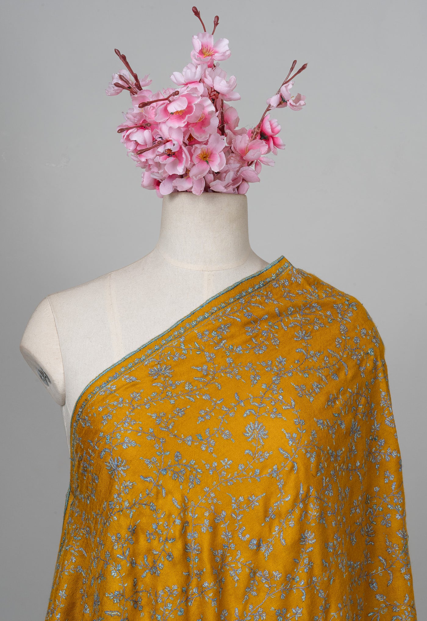 2.5 Yards: Sozni Hand Embroidered Pashmina: Mustard Garden All Over Embroidery