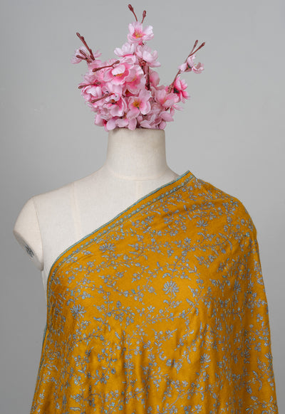 2.5 Yards: Sozni Hand Embroidered Pashmina: Mustard Garden All Over Embroidery