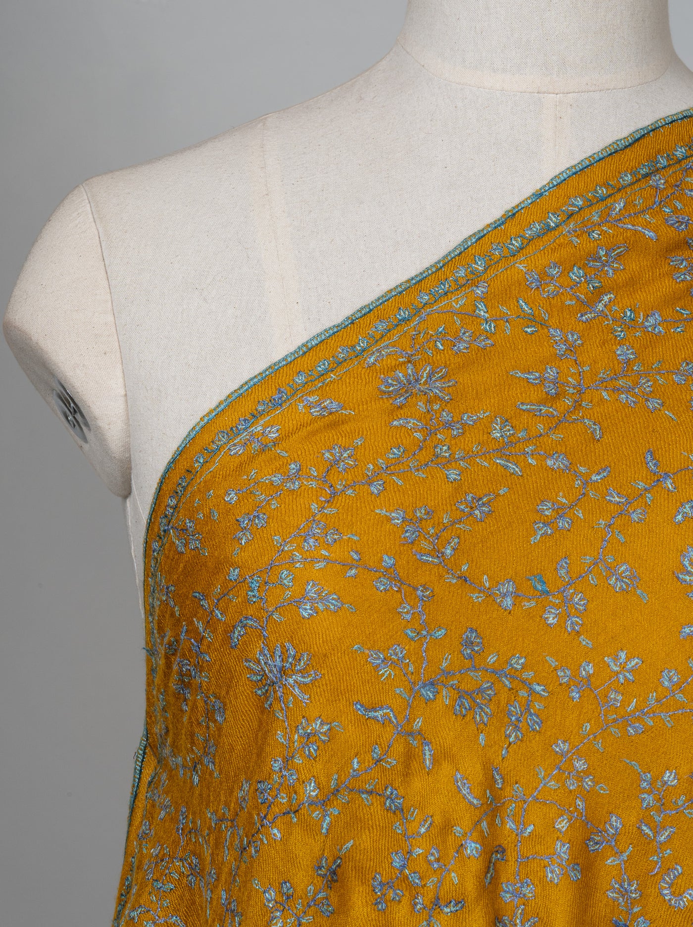 2.5 Yards: Sozni Hand Embroidered Pashmina: Mustard Garden All Over Embroidery