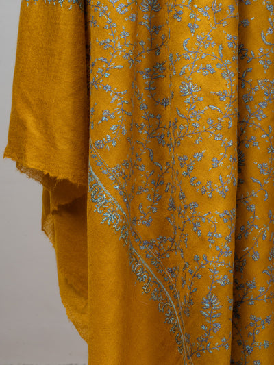 2.5 Yards: Sozni Hand Embroidered Pashmina: Mustard Garden All Over Embroidery