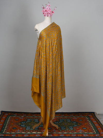2.5 Yards: Sozni Hand Embroidered Pashmina: Mustard Garden All Over Embroidery