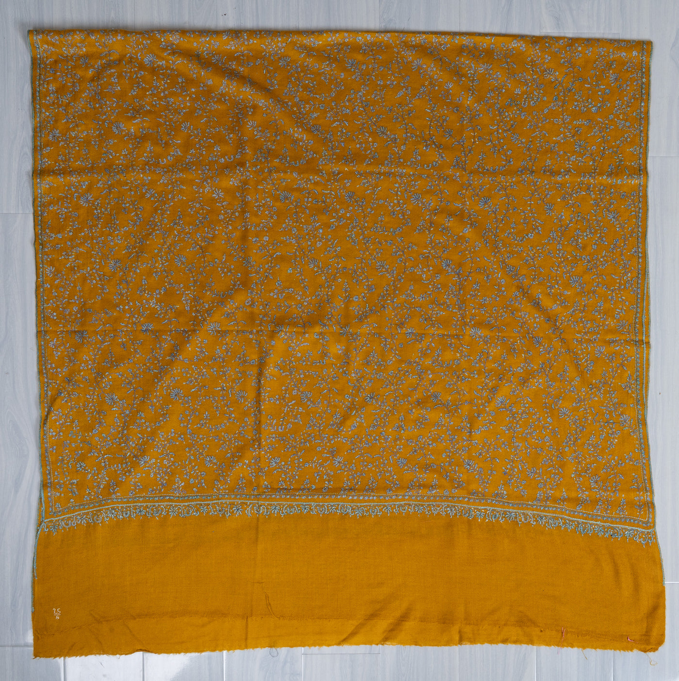 2.5 Yards: Sozni Hand Embroidered Pashmina: Mustard Garden All Over Embroidery