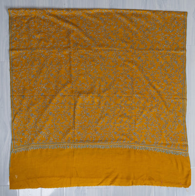2.5 Yards: Sozni Hand Embroidered Pashmina: Mustard Garden All Over Embroidery