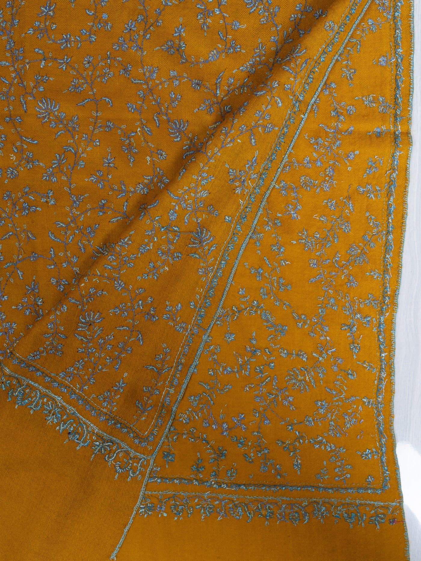 2.5 Yards: Sozni Hand Embroidered Pashmina: Mustard Garden All Over Embroidery