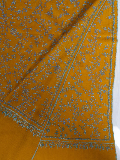 2.5 Yards: Sozni Hand Embroidered Pashmina: Mustard Garden All Over Embroidery