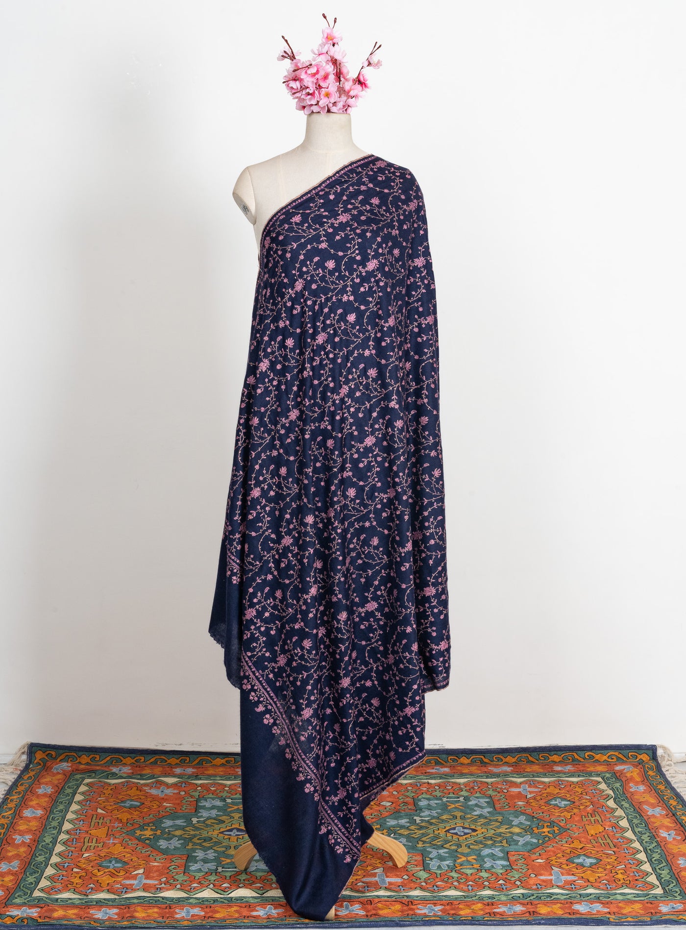 2.5 Yards: Sozni Hand Embroidered Pashmina: Midnight Bloom All Over Trail