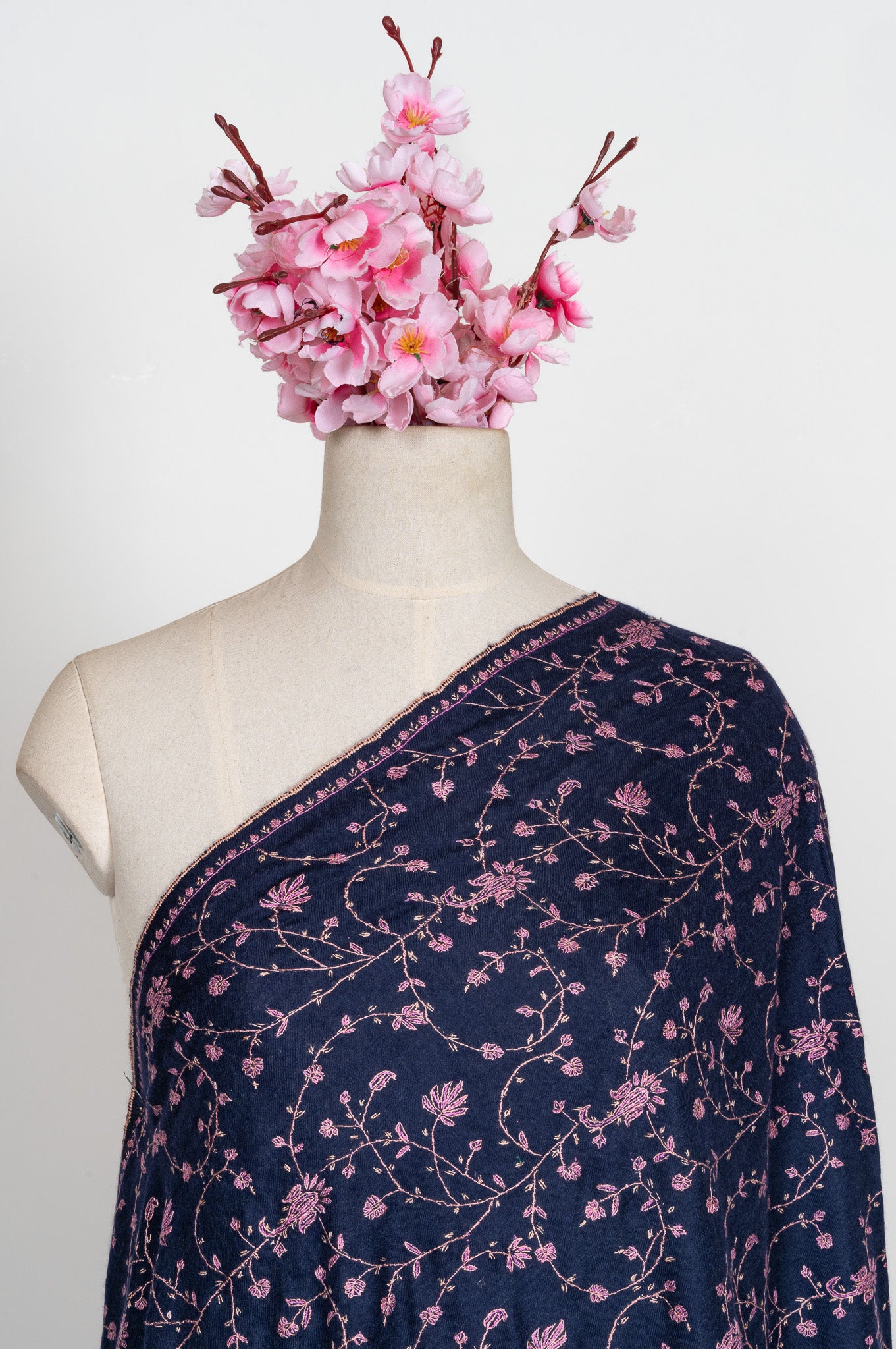 2.5 Yards: Sozni Hand Embroidered Pashmina: Midnight Bloom All Over Trail