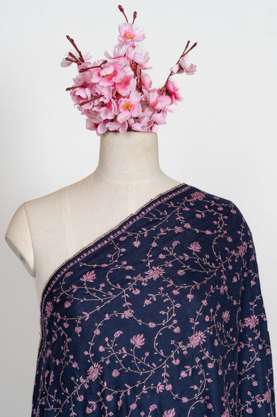 2.5 Yards: Sozni Hand Embroidered Pashmina: Midnight Bloom All Over Trail